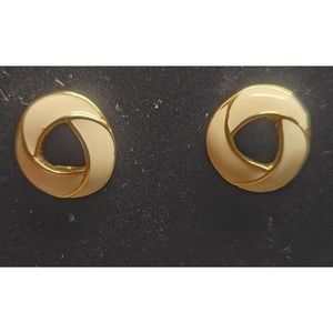 Vintage Trifari Earrings Studs Gift Circle Ivory Enamel Gold Tone Small Pair